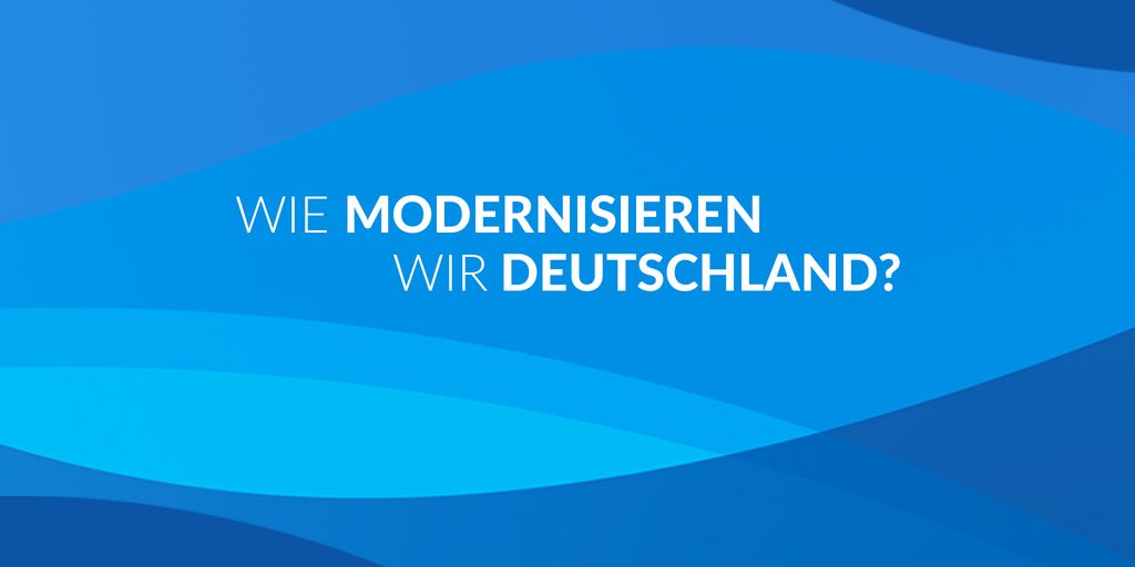 Der Titel der Veranstaltung mit Lars Klingbeil, "Wie modernisieren wir Deutschland?", ist auf einem farbigen Hintergrund mit wellenförmigen Linien zu sehen.
