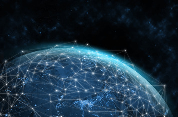 Globe viewed from the outside, with dots representing AI connections.