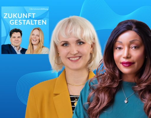 Eine Bild-Montage zeigt im Vordergrund die Porträtfotos von Irène Kilubi und Jessica Gerke. Im Hintergrund sind das Logo des Podcasts "Zukunft gestalten" sowie die Hosts des Podcasts, Malva Sucker und Jochen Arntz, zu sehen.