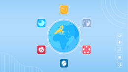 Stylized globe on a light blue background highlights Europe in yellow, surrounded by symbols representing global powers, dependencies, and uncertainties.