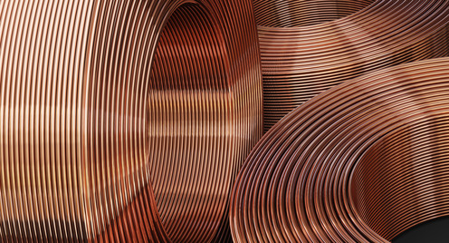 Nahaufnahme eines neuen und glänzenden Kupferrohrs. 3D-Illustration. 