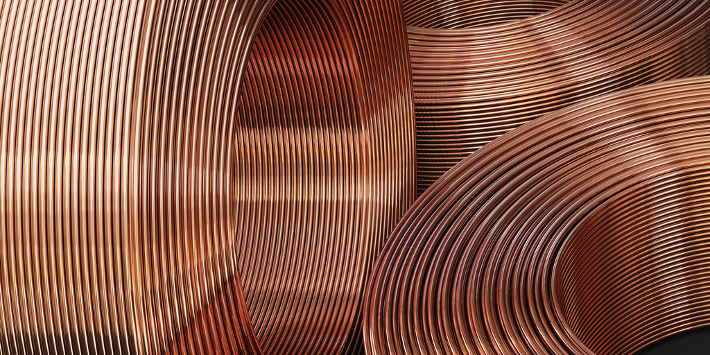 Nahaufnahme eines neuen und glänzenden Kupferrohrs. 3D-Illustration. 