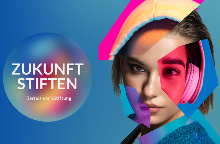 Das Bild zeigt ein farbenfrohes, modernes Portr&auml;t einer jungen Person neben dem Logo und dem Slogan &bdquo;ZUKUNFT STIFTEN&ldquo; der Bertelsmann Stiftung.
