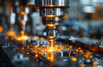 Ein Bohrkopf fr&auml;st in ein Metallst&uuml;ck ein kreisrundes Loch. Dabei fliegen Funken.