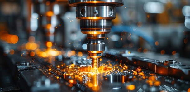Captured in a high-tech environment, this image depicts a metal cutting machine in action, showcasing sparks that represent innovation and industrial efficiency.(© © Pinklife - stock.adobe.com / KI-generiert)