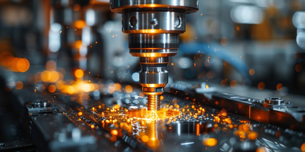 Dieses in einer Hightech-Umgebung aufgenommene Bild zeigt eine Metallbearbeitungsmaschine in Aktion, wobei die Funken für Innovation und industrielle Effizienz stehen.