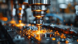Dieses in einer Hightech-Umgebung aufgenommene Bild zeigt eine Metallbearbeitungsmaschine in Aktion, wobei die Funken für Innovation und industrielle Effizienz stehen.