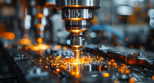 Dieses in einer Hightech-Umgebung aufgenommene Bild zeigt eine Metallbearbeitungsmaschine in Aktion, wobei die Funken für Innovation und industrielle Effizienz stehen.