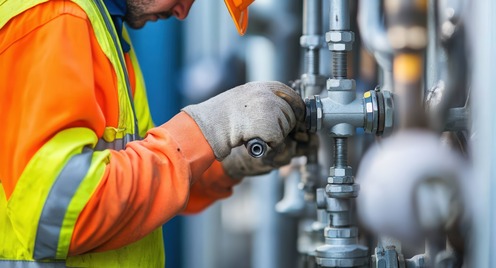 Handwerker verschraubt Rohre
