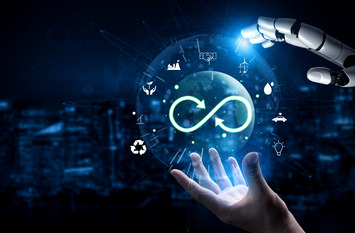 Eine menschliche Hand und eine Roboterhand ber&uuml;hren vor einem digitalen Globus ein leuchtendes Unendlichkeitszeichen &ndash; Symbol f&uuml;r Kreislaufwirtschaft und nachhaltige Innovation.