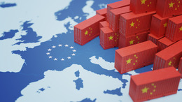 Chinese cargo containers on a map of Europe. 3D rendered illustration.