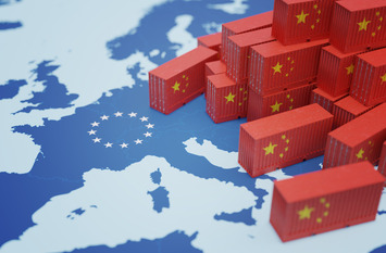 Chinese cargo containers on map of Europe.