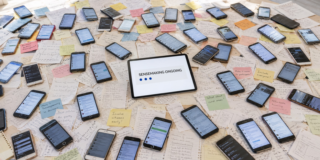 viele Handys, Tablet und Post-its