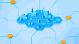 Blaues Bild mit einer dunkelblauen Stadt in der Mitte