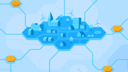 Auf dem Bild ist eine virtuelle kleine Stadt zu sehen mit kleinen und großen Häusern. Die Stadt ist vernetzte. 