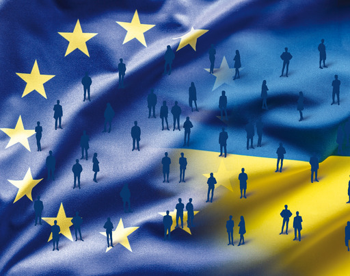 The flags of the EU and Ukraine merge into one.