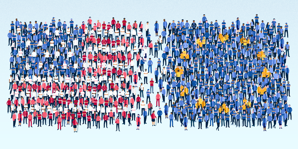Eine Zeichnung zeigt zwei Gruppen von Menschen, die durch ihre Farben ihrer Kleidung zusammen die Flagge der USA beziehungsweise die Europaflagge bilden. Die beiden Gruppen stehen dicht beieinander, aber leicht voneinander getrennt. In der Mitte zwischen beiden Gruppen stehen nur vereinzelte Personen in den US- beziehungsweise europäischen Farben.