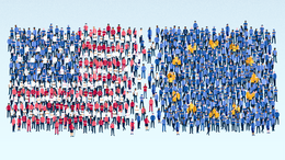 Eine Zeichnung zeigt zwei Gruppen von Menschen, die durch ihre Farben ihrer Kleidung zusammen die Flagge der USA beziehungsweise die Europaflagge bilden. Die beiden Gruppen stehen dicht beieinander, aber leicht voneinander getrennt. In der Mitte zwischen beiden Gruppen stehen nur vereinzelte Personen in den US- beziehungsweise europäischen Farben.