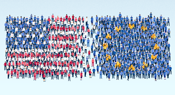 Eine Zeichnung zeigt zwei Gruppen von Menschen, die durch ihre Farben ihrer Kleidung zusammen die Flagge der USA beziehungsweise die Europaflagge bilden. Die beiden Gruppen stehen dicht beieinander, aber leicht voneinander getrennt. In der Mitte zwischen beiden Gruppen stehen nur vereinzelte Personen in den US- beziehungsweise europ&auml;ischen Farben.