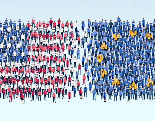 Eine Zeichnung zeigt zwei Gruppen von Menschen, die durch ihre Farben ihrer Kleidung zusammen die Flagge der USA beziehungsweise die Europaflagge bilden. Die beiden Gruppen stehen dicht beieinander, aber leicht voneinander getrennt. In der Mitte zwischen beiden Gruppen stehen nur vereinzelte Personen in den US- beziehungsweise europäischen Farben.
