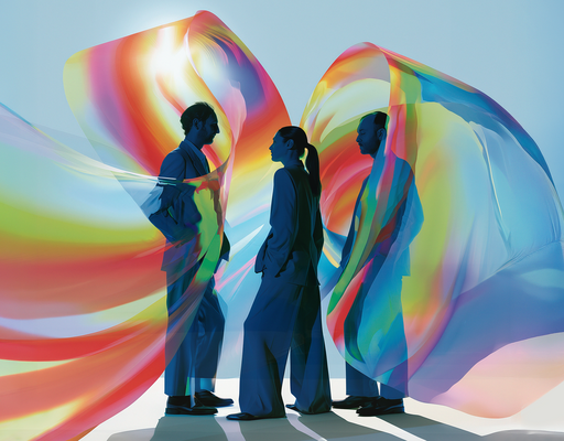 Drei Personen in Anzügen stehen vor einem hellblauen Hintergrund und werden von dynamisch geschwungenen, halbtransparenten Bändern in Regenbogenfarben umhüllt. Die Figuren sind im Profil oder Halpprofil zu sehen und wirken durch die farbigen Lichtreflexe teilweise illuminiert. Das Bild ist KI-generiert.