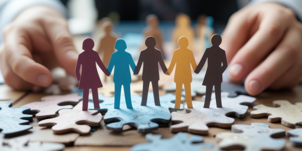 5 aus Papier ausgeschnittene Personen in unterschiedlichen Farben stehen in einer Reihe und halten sich an den Händen, sie stehen auf lose verteilten Holzpuzzleteilen, zwei menschliche Hände sind im Hintegrund zu sehen