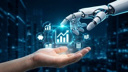 KI-generier: zwei Hände, eine menschliche, eine Computerhand mit Symbolen in der Mitte