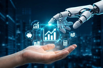 Ein Mensch h&auml;lt seine Hand auf, &uuml;ber der Projektionen von Symbolen f&uuml;r finanzielles Wachstum stehen. Eine Roboterhand scheint nach diesen Symbolen zu greifen.