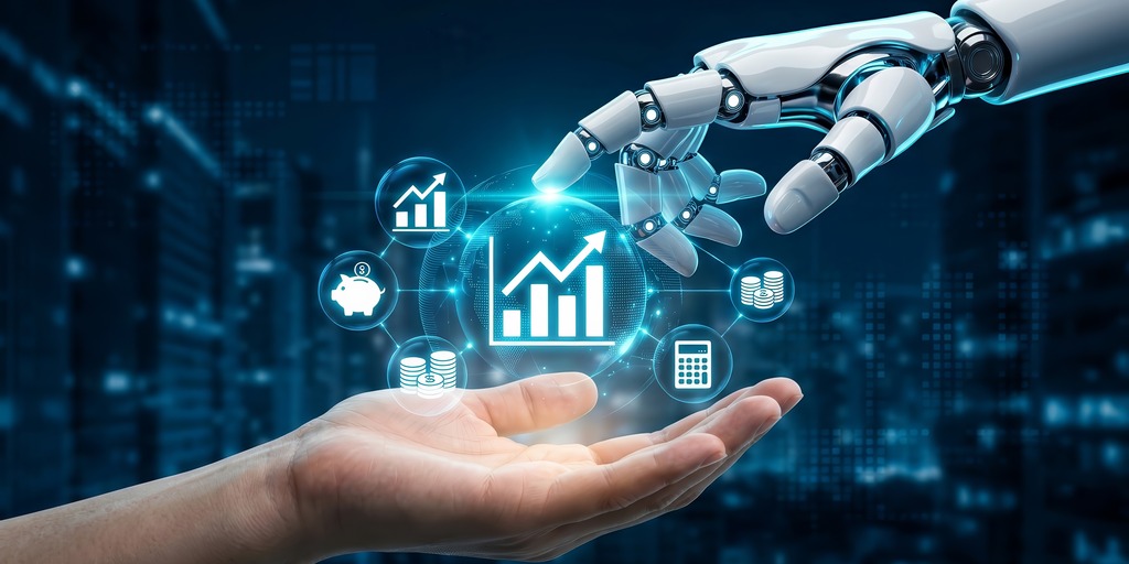 KI-generier: zwei Hände, eine menschliche, eine Computerhand mit Symbolen in der Mitte