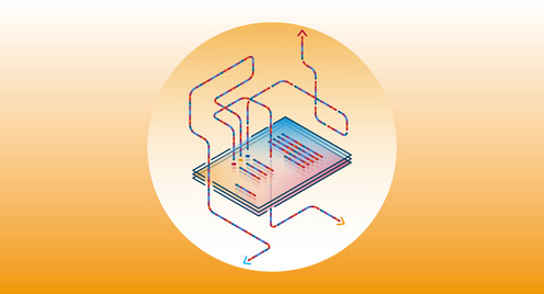 Orange background, with a stack of paper in the center, from which arrows point in different directions and are jumbled together.