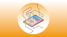 Orange background, with a stack of paper in the center, from which arrows point in different directions and are jumbled together.