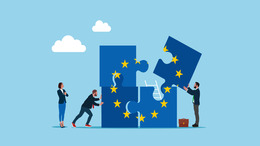 Business people connecting puzzle elements flag of European Union. Flat vector illustration.  