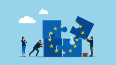 Business people connecting puzzle elements flag of European Union. Flat vector illustration(© Montage © Vadym - stock.adobe.com)