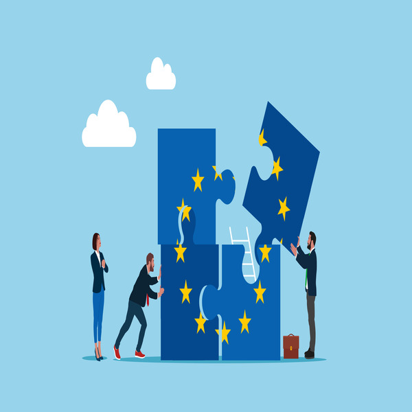 Business people connecting puzzle elements flag of European Union. Flat vector illustration(© Montage © Vadym - stock.adobe.com)