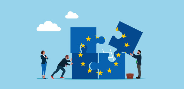 Business people connecting puzzle elements flag of European Union. Flat vector illustration(© Montage © Vadym - stock.adobe.com)
