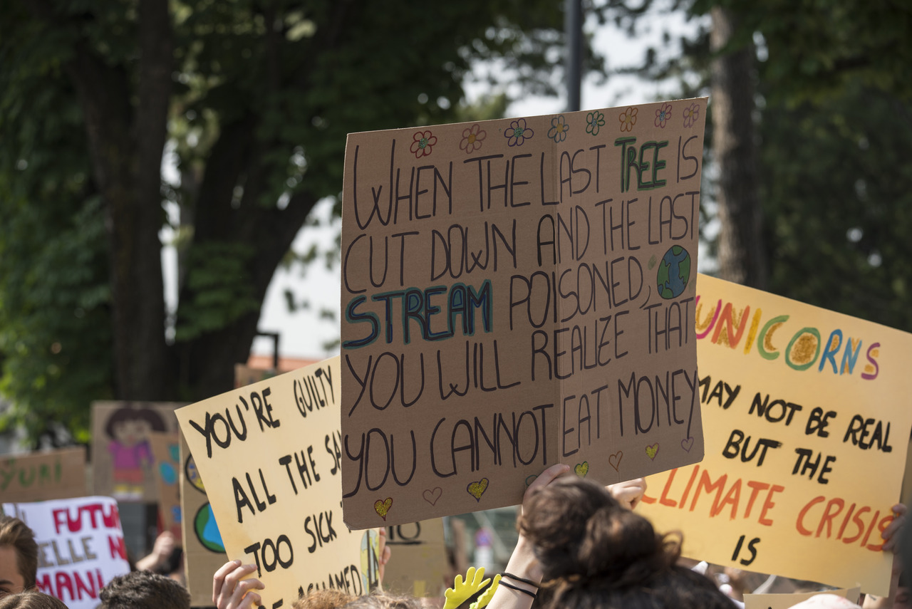 Globaler Streik von Schülern die Plakate hochhalten, während der Demonstrationen zum Thema "fridays for future"