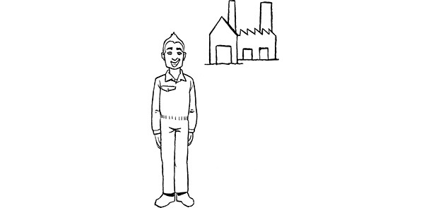 Jugendlicher steht vor einer Fabrik