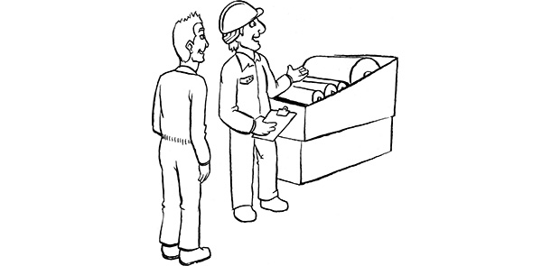 Jugendlicher an einer Maschine, Ausbilder zeigt wie man Maschine bedient