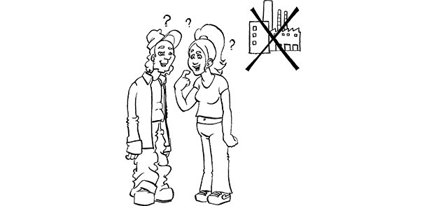 Fabrik, durchgestrichen; 2 Jugendliche stehen ratlos davor