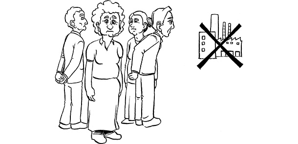 Aeltere Menschen im Vordergrund; durchgestrichene Fabrik im Hintergrund