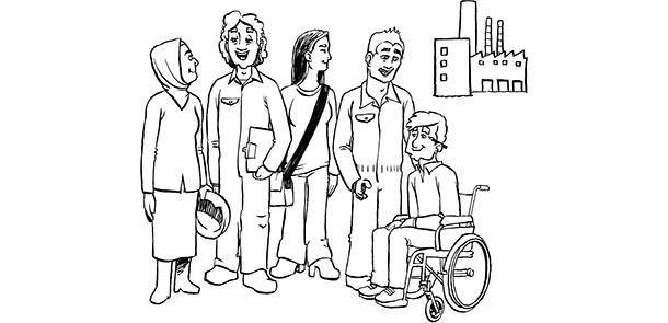 Junge Menschen als Arbeiter vor einer Fabrik