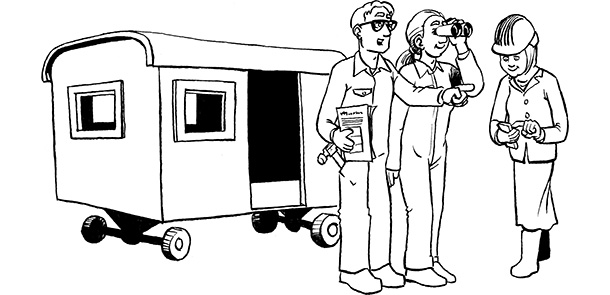 3 Fachkraefte aus Deutschland stehen vor einem Bauwagen und arbeiten gemeinsam an einem Bauprojekt