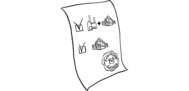 Blatt Papier, in der ersten Zeile Schule und Fabrik, in der zweiten Zeile Schule, jeweils links Kaestchen zum Abhaken, rechts unten der Stempel Ausbildungsgarantie