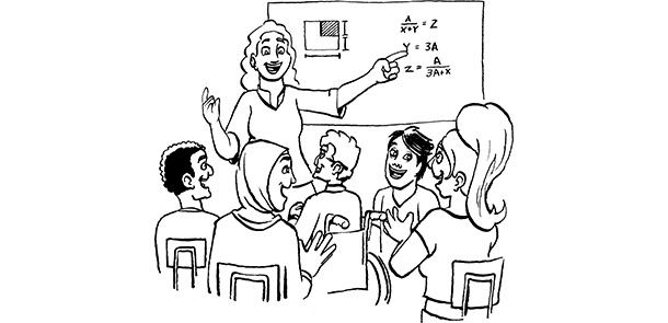 Mehrere Jugendliche in einer Klasse, Lehrerin rechnet vorne an der Tafel