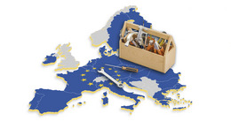 Toolbox standing on a map of Europe