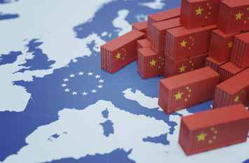 Chinese cargo containers on a map of Europe