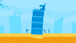 Blaues Bild mit einem gelben unteren Rand wo in der Mitte des Bildes ein blauer schiefer Turm steht. Menschen stehen um den Turm herum