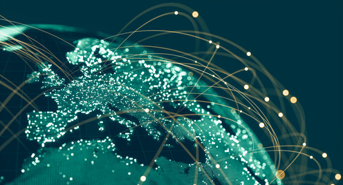 You can see a section of the globe in front and in the back the dark blue black night sky. The continents are dark green, the seas are blue-black, almost like the sky and around the globe are round stripes of light, yellowish light