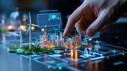 Eine Hand zeigt auf eine virtuelle Darstellung einer Stadt mit Solar- und Windenergieanlagen. Das Bild ist dunkel in Blautönen gehalten. 