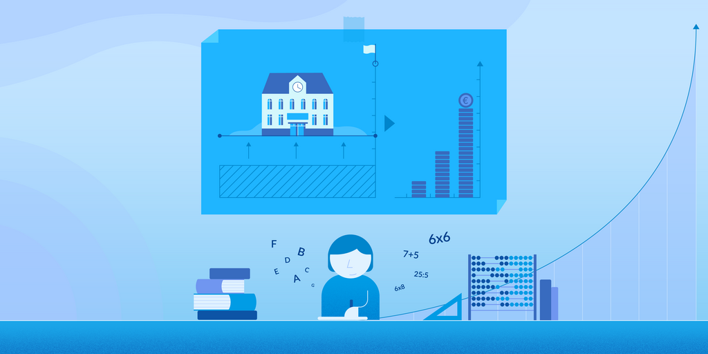 Eine Zeichnung zeigt eine Schülerin, die zwischen einem Bücherstapel und einem Abakus sitzt und Aufgaben löst. Hinter ihr hängt das Bild eines Schulgebäudes, neben dem ein Säulendiagramm zu sehen ist. Das Diagramm steht symbolisch für die Entwicklung des Bruttoinlandsproduktes, die durch bessere Bildung ausgelöst wird.
